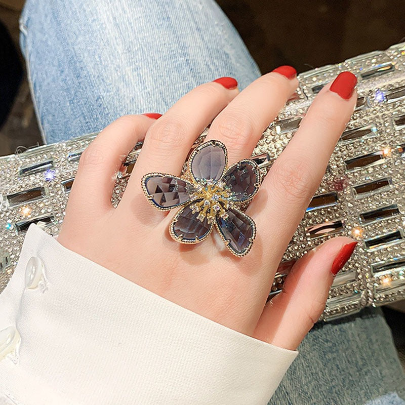 Crystal Flower Ring Fashion Open Ring
